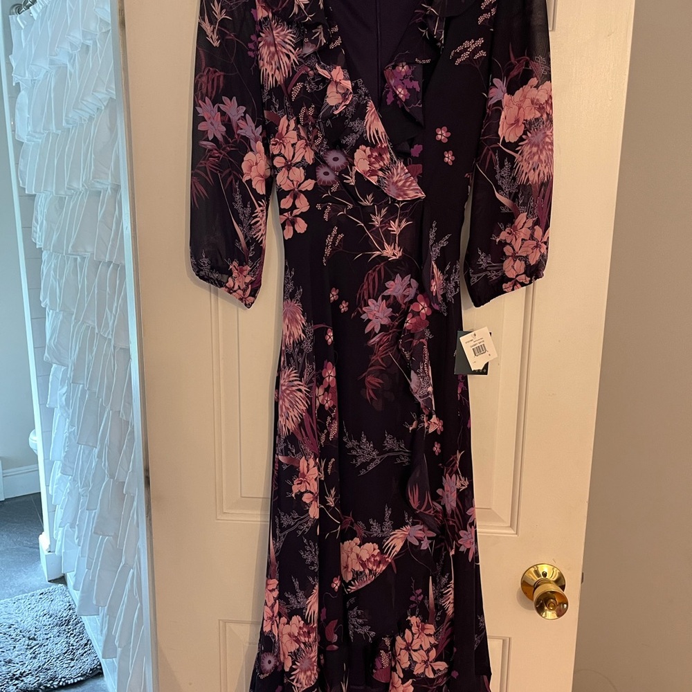 Gabby Skye Pink and Black Wrap Sundress with Bishop Sleeves